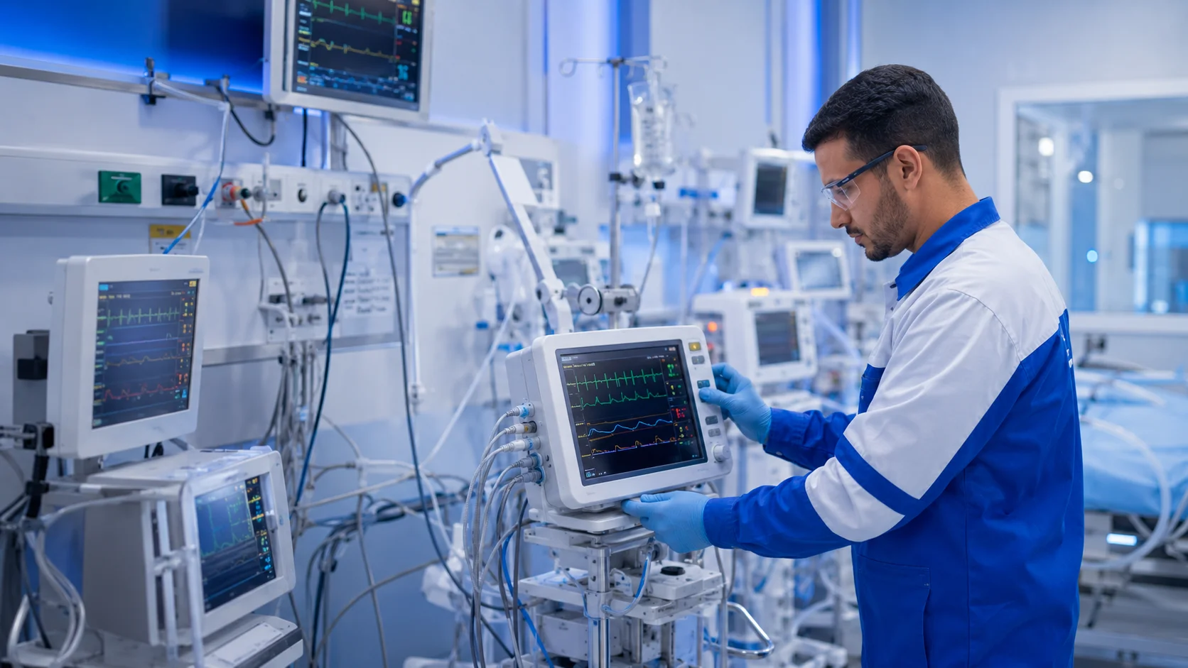 Técnico realizando manutenção em equipamento médico hospitalar