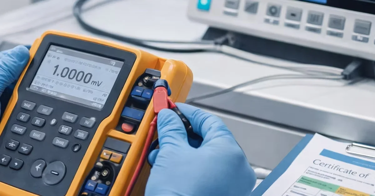 Técnico realizando calibração de equipamento médico com padrão rastreável ao INMETRO
