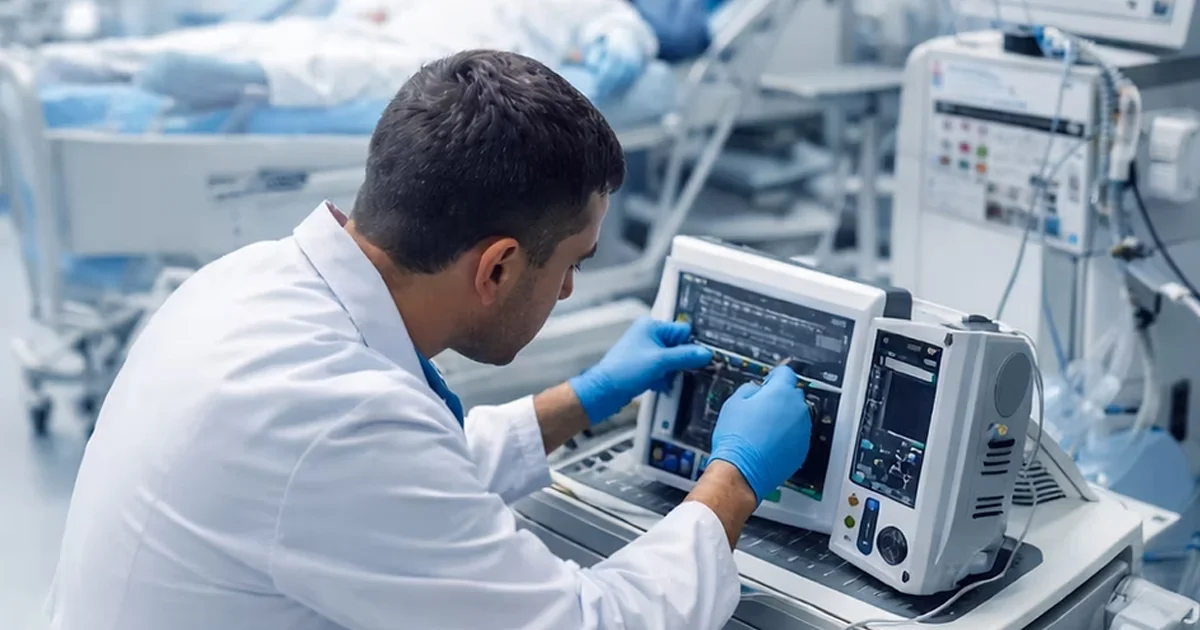 Técnico realizando manutenção corretiva em equipamento médico hospitalar