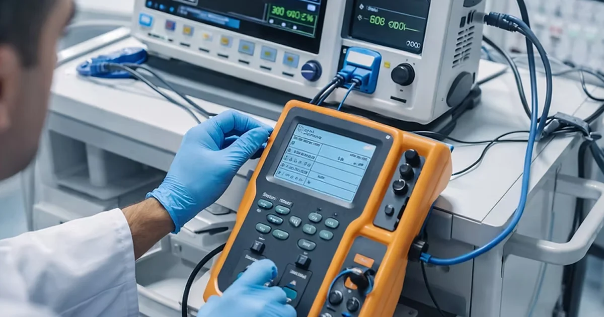 Técnico realizando teste de segurança elétrica em equipamento médico