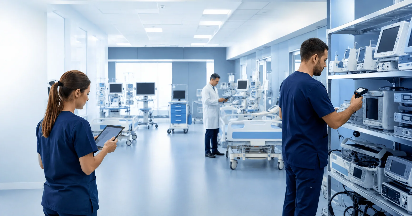 Equipe de engenharia clínica gerenciando parque de equipamentos médicos hospitalares
