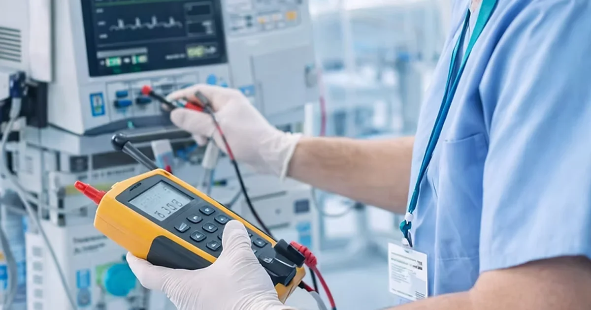 Técnico executando manutenção preventiva programada em equipamento médico hospitalar