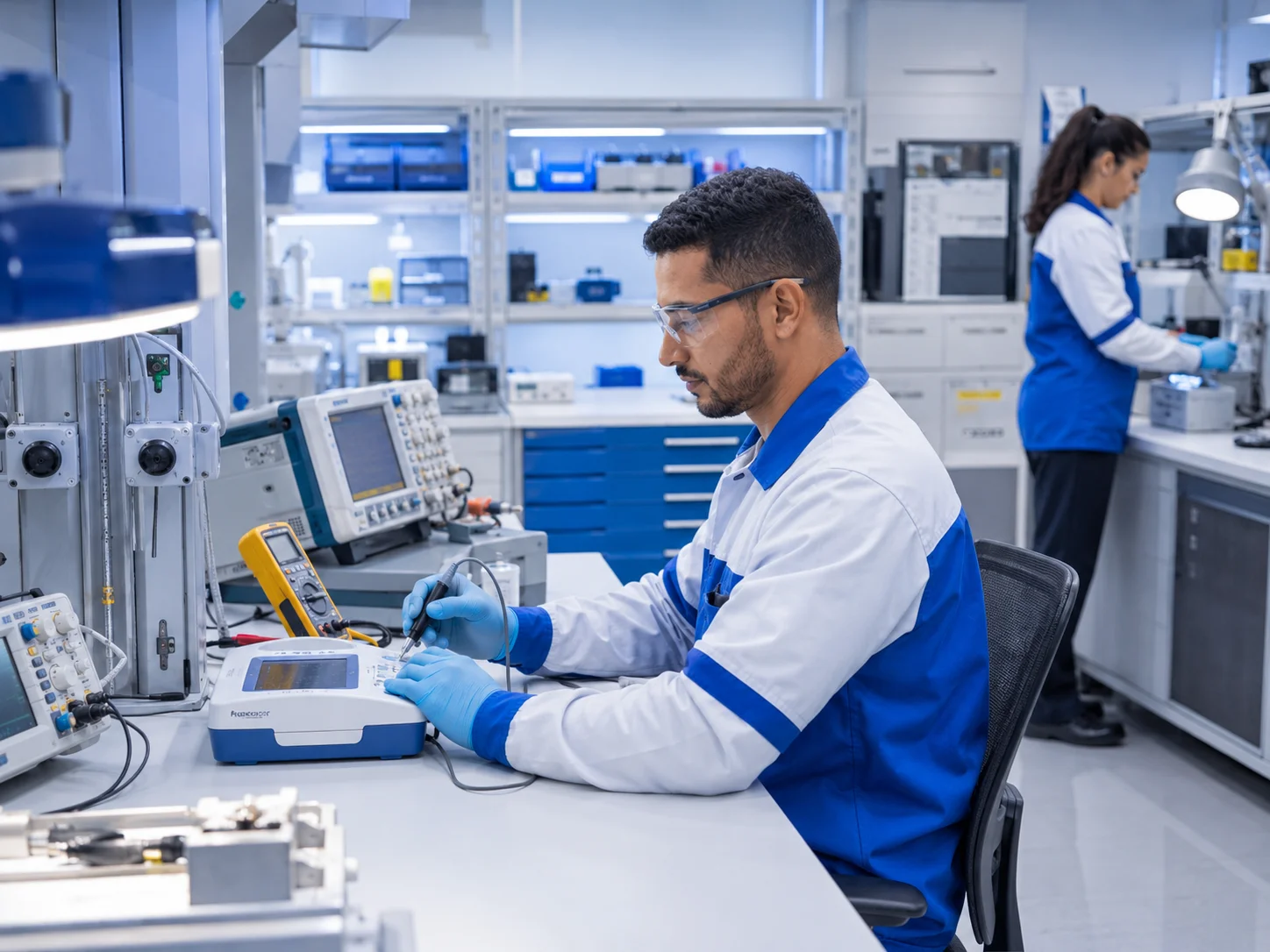 Laboratório técnico da Final Engenharia em Mogi das Cruzes, com bancadas de equipamentos e instrumentos de medição